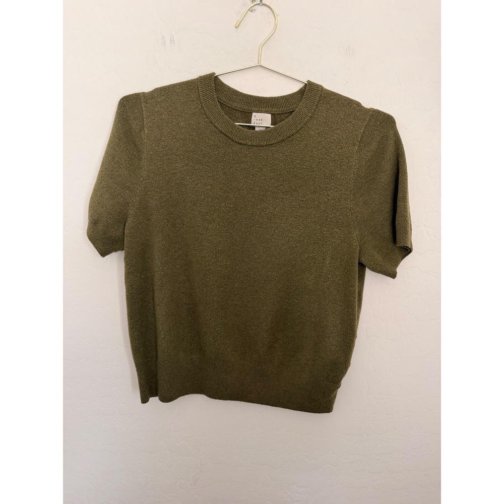 A New Day Women Olive Green Short Sleeve Knit Crew Neck Sweater Top Large L